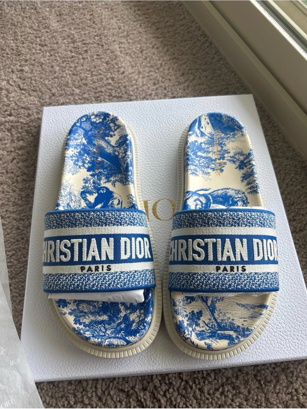 Dior Blue and Cream Toile Logo Slide Sandals